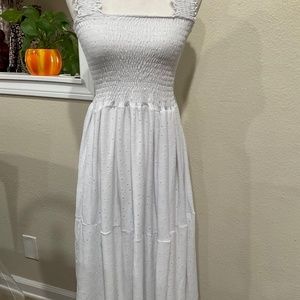 Summer eyelet maxi dresses, assorted colors, sleeveless.